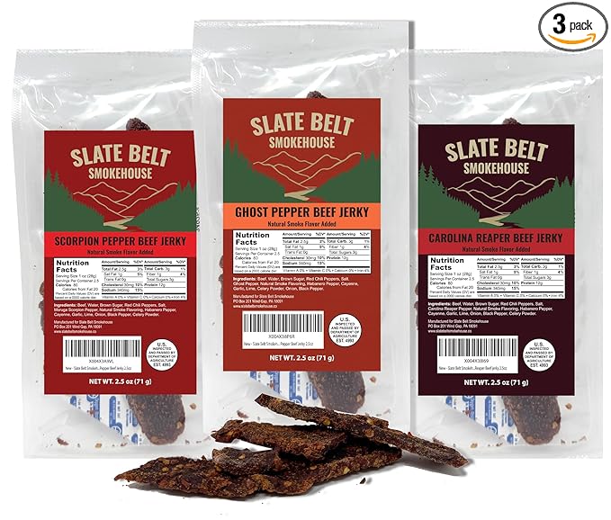 Slate Belt Smokehouse Scorpion Pepper Ghost Pepper and Carolina Reaper Jerky Extremely Hot Beef Jerky Variety Pack 2.5 Ounce