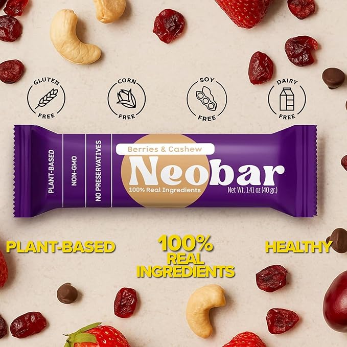 NEOBAR Fruit and Nut Bars - Plant-Based Vegan Snack Bars Gluten Free Dairy Free Snacks No Added Sugar No Preservatives Non-GMO | Berries &amp Cashew12 Count