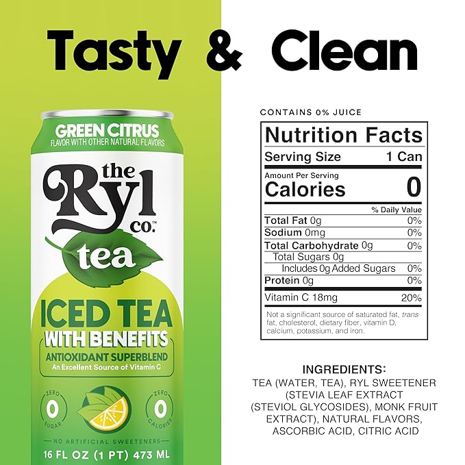 Ryl Iced Tea Green Citrus Tea Antioxidant Superblend Zero Sugar Low Carb Zero Calorie - 16.0 Fl Oz (12-Pack)