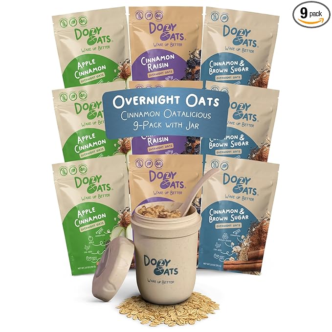 Dozy Oats Overnight Oatmeal Packets Cinnamon Oatalicious Variety Box with Rolled Oats Chia Seeds Date Powder and Dried Fruit. Gluten-Free Natural Source of Protein and Fiber 9-Pack and Jar