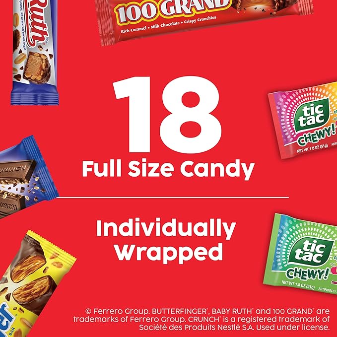 Assorted Variety Mix Butterfinger CRUNCH Baby Ruth Tic Tac Chewy! 18 Count Full Size 32.54 oz Box