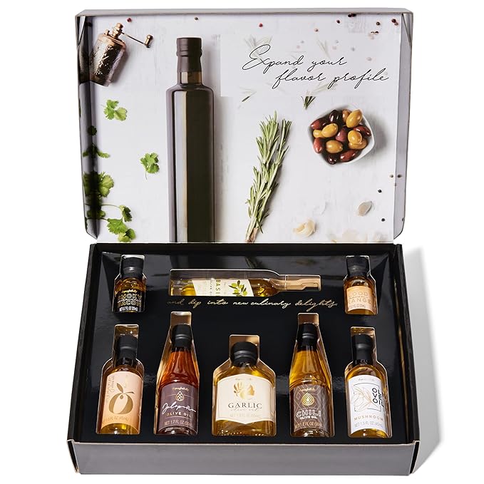 Thoughtfully Gourmet Olive Oil Sampler Gift Set Premium Extra-Virgin Olive Oil from Spain Natural Flavors Include Garlic Chili Smoky Bacon Mushroom Jalapeno and More Set of 8