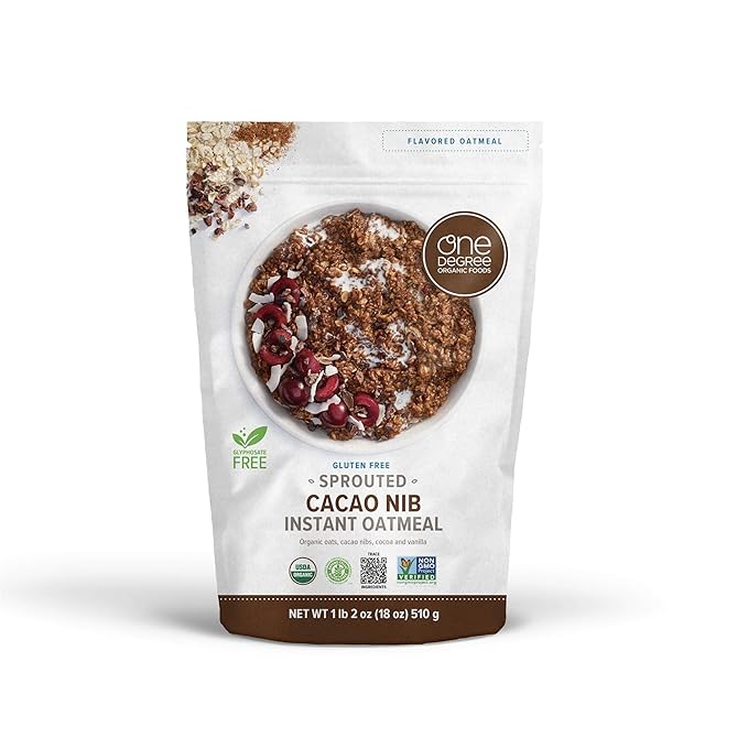 One Degree Organic Foods Sprouted Instant Oatmeal USDA Organic Non-GMO Vegan And Gluten Free Instant Oatmeal (Cacao Nib 6 Pack)