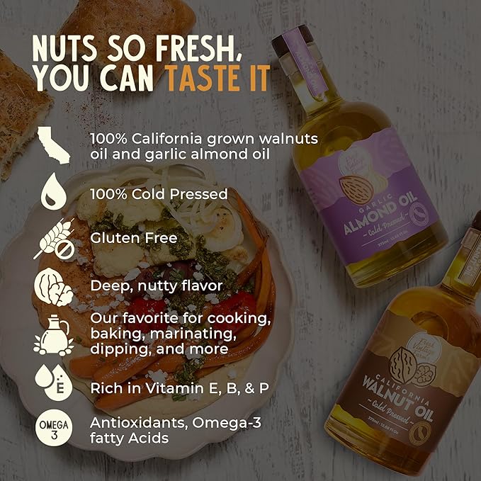 Fresh Vintage Farms Nut Bundle 100% Cold Pressed Walnut &amp Garlic Almond Cooking Oils | Cold Pressed &amp Nutritious Healthy Oils for Cooking Baking Dipping Salads &amp Marinades | 375ml Pac