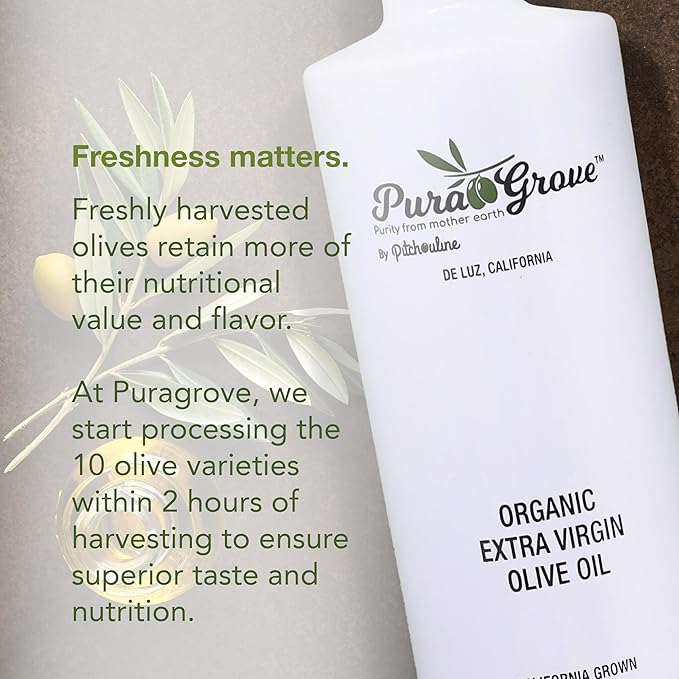 Pura Grove Organic Cold Pressed Extra Virgin Olive Oil Premium Grade - High Polyphenol - Hand Harvested &amp California Grown - 16.9Oz Opaque Glass Bottle 2024 Harvest 2025 Bottled