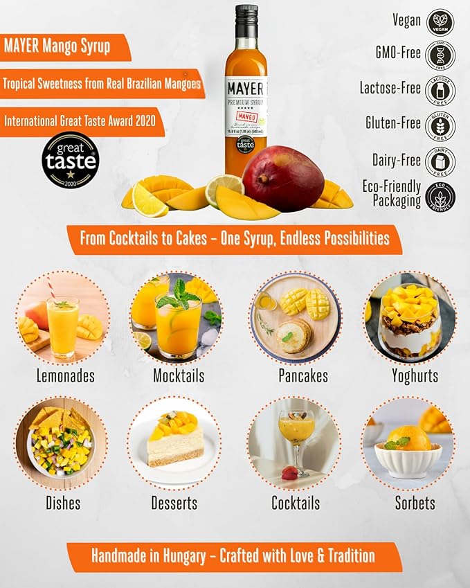 Mayer Mango Syrup for Drinks &amp Cocktails – Handcrafted in Hungary Natural Mango Flavoring Syrup – Handcrafted with 100% Real Fruits for Martini Mocktail Smoothie Lemonade Pancakes Ice Cream
