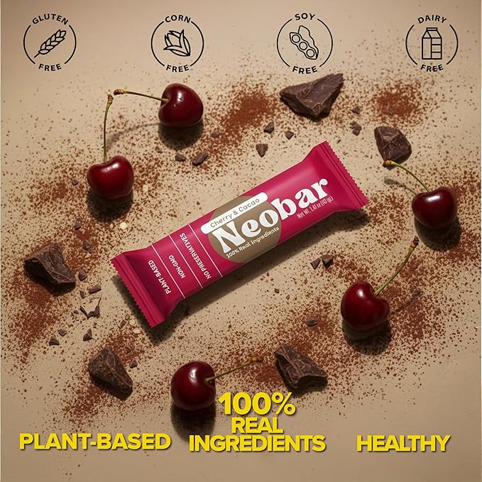 NEOBAR Fruit and Nut Bars - Plant-Based Vegan Snack Bars Gluten Free Dairy Free Snacks No Added Sugar No Preservatives Non-GMO | Cherry &amp Cacao12 Count