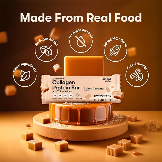 Perfect Keto Bars - The Cleanest Keto Snacks with Collagen and MCT. No Added Sugar Keto Diet Friendly - 3g Net Carbs 19g Fat11g Protein - Diet Food Dessert (Salted Caramel 12 Bars)