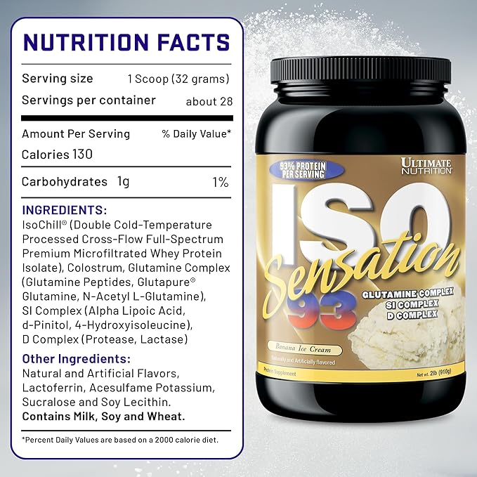 Ultimate Nutrition Whey Protein Isolate Powder with Glutamine Complex ISO Sensation 93 - Whey Protein Powder with Added Colostrum for Enhanced Recovery Immunity &amp Gut Health - Banana 2lbs