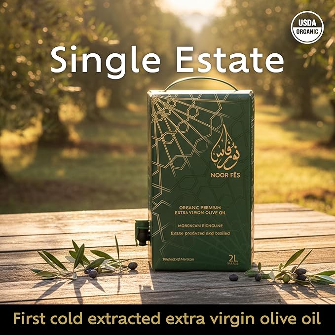 NOOR FÈS Extra Virgin Olive Oil | 24 Global Awards | 584 mg/kg High in Polyphenols | USDA Organic | Premium Moroccan Picholine Olives | Great Gift for Chefs | Cold Extracted Olive Oil | 67 Fl Oz