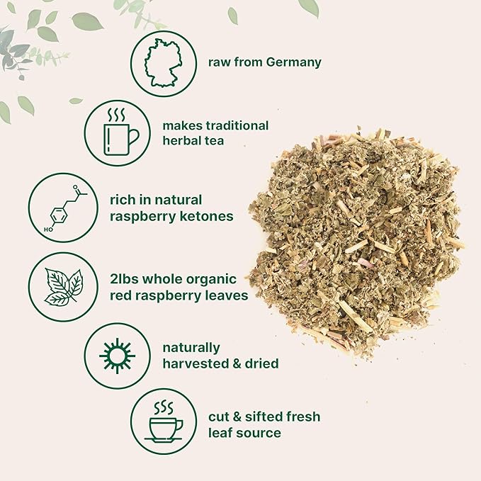 Organic Dried Raspberry Leaf Tea 2lbs | Refills up to 907 Tea Bags | Premium Source from Germany for Herbal Pregnancy Tea | Cut &amp Sifted Whole Leaves | Non-GMO No Sugar Eco-Friendly Recyclable