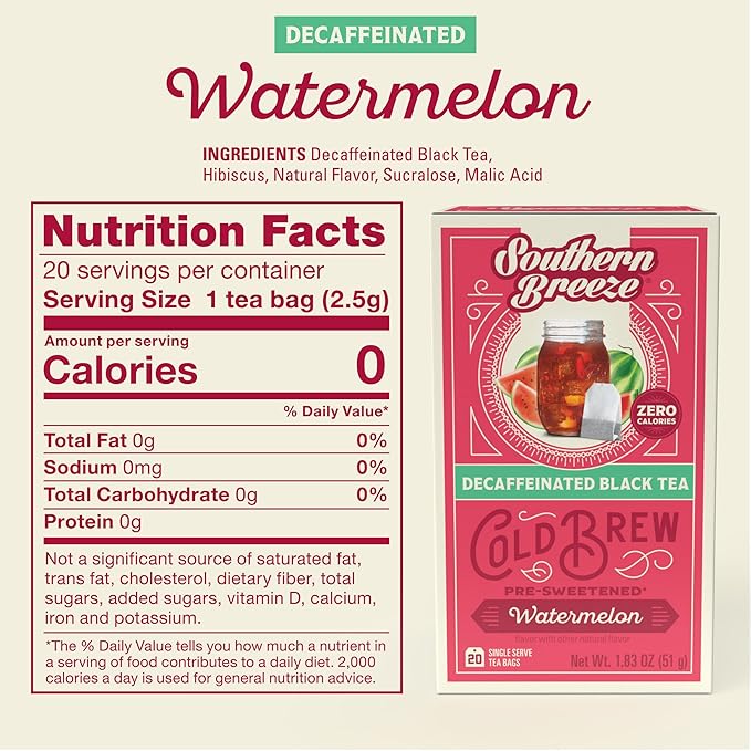 Southern Breeze Decaf Cold Brew Sweet Tea Watermelon Iced Tea with Black Tea and Zero Carbs Zero Sugar 20 Individually Wrapped Tea Bags Pack of 4
