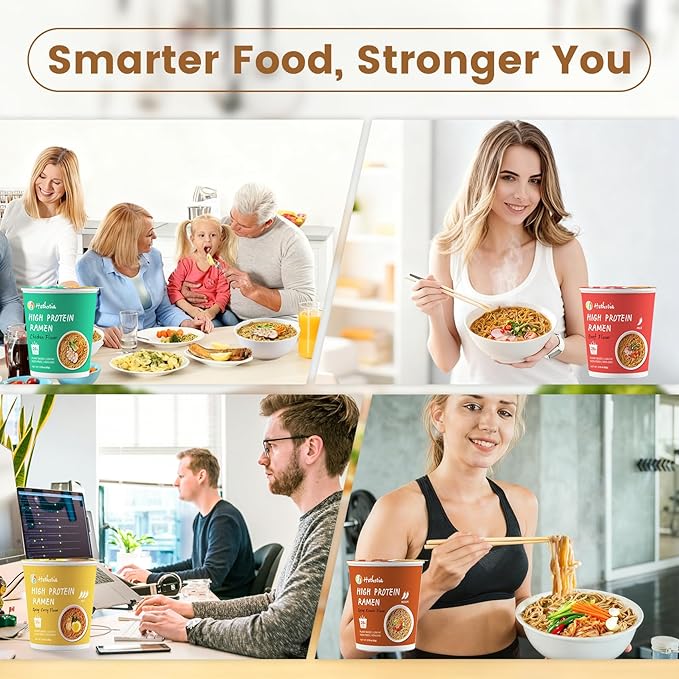 Hethstia High Protein (26g) Ramen Cup Noodles 6 Count Plant-Based Vegan Noodle Variety Pack - Chicken Spicy Beef Kimchi Curry | Non-Fried Low Sugar Low Fat | Ready to Eat Healthy Asian Meal
