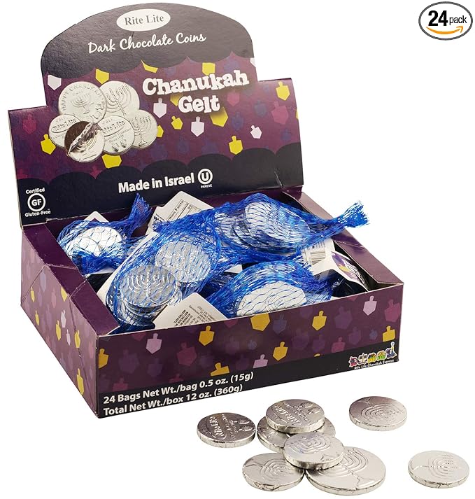 Rite Lite Chanukah Dark Chocolate Gelt Chocolate Large Coins - 24 Bags In a Display Box - .5 Ounces of Chocolate Extra Large Coins 1 Extra Large and 3 Small Coins Pack of 24 Hanukkah (Non Dairy)
