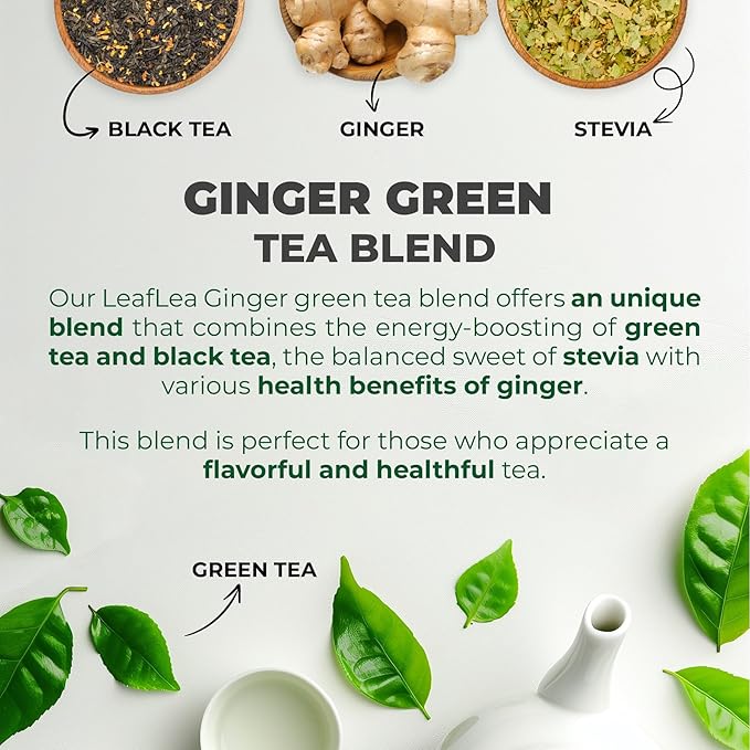 LeafLea Ginger Green Tea 120 Tea Bags Premium Green Tea Blend with Pure Ginger Root Supports Digestive Wellness Natural Flavor Low Caffeine Sugar-Free