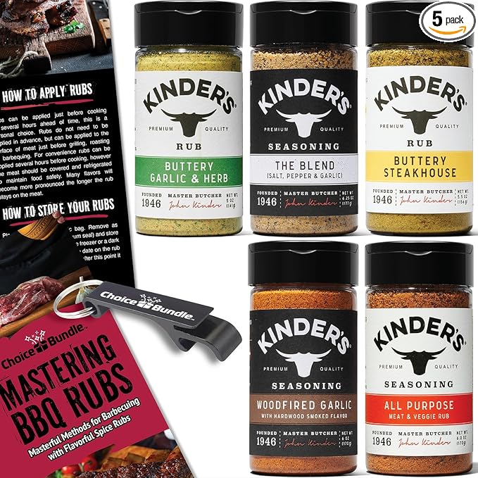 Kinders Buttery Garlic &amp Herb Woodfired Garlic The Blend Buttery Steakhouse All Purpose Seasoning &amp Rub 5 pk (28.75 oz) + BBQ Masters &amp Opener (7 Items)!