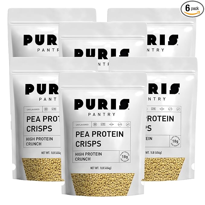 PURIS Pea Protein Crisps – Plant-Based Crunch | 18g Per Serving | Non-GMO Gluten-Free Soy-Free | No Sugar | Clean Label Inclusion for Snacks Bars &amp Baking | Made in USA | Unflavored | 1 lb (6 Pac