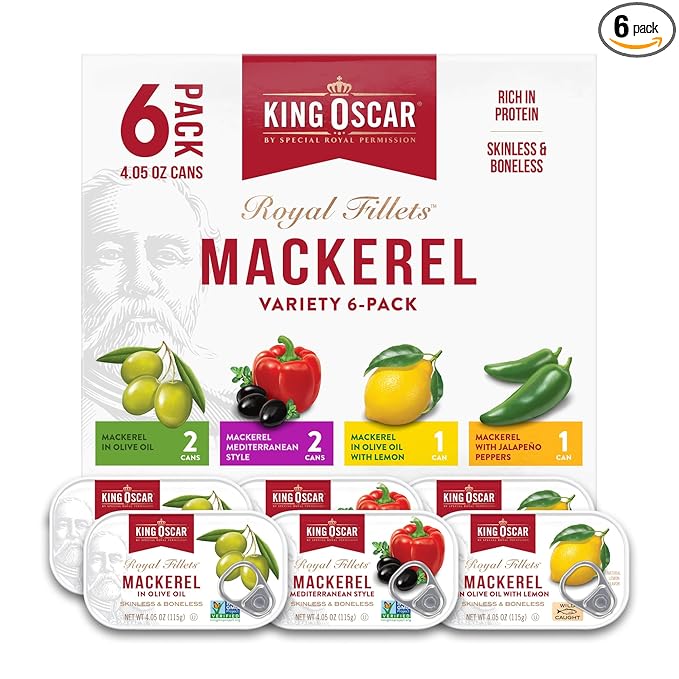 King Oscar Skinless &amp Boneless Mackerel Variety Pack 4.05 Ounce Cans (Pack of 6) Skinless &amp Boneless Wild Caught Canned Mackerel