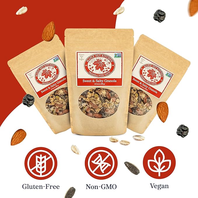 Maple Nut Kitchen Sweet &amp Salty Granola – 3 Pack | Gluten-Free Granola with Maple-Roasted Almonds Dark Chocolate Pumpkin Seeds &amp Cherries | Crunchy Oats | Low Sugar Healthy Breakfast Cereal