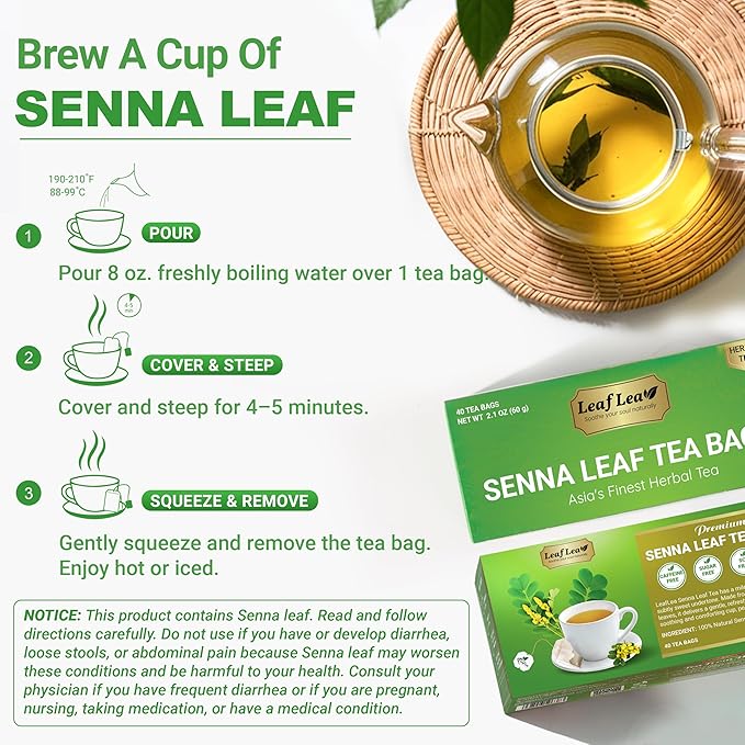 LeafLea 80 Senna Leaf Tea Bags – Natural Herbal Laxative Tea Supports Gentle Constipation Relief &amp Healthy Digestion Caffeine-Free Sugar-Free No Gluten Non-GMO Vegan Individually Wrapped