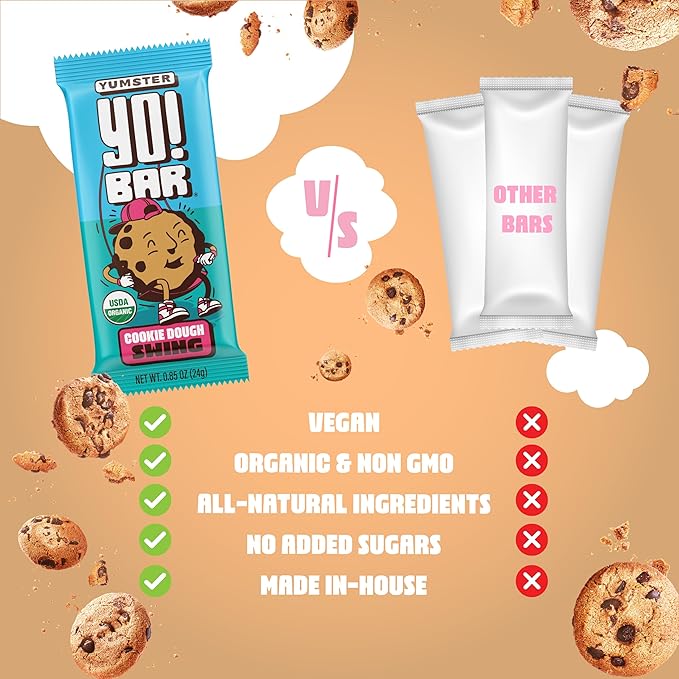 Yo! Bar by Bearded Brothers Vegan Organic Kids Bar Cookie Dough (25 Bars) - Gluten Free Paleo and Whole 30 | Soy Free Non-GMO Low Glycemic No Sugar Added Fiber + Whole Foods