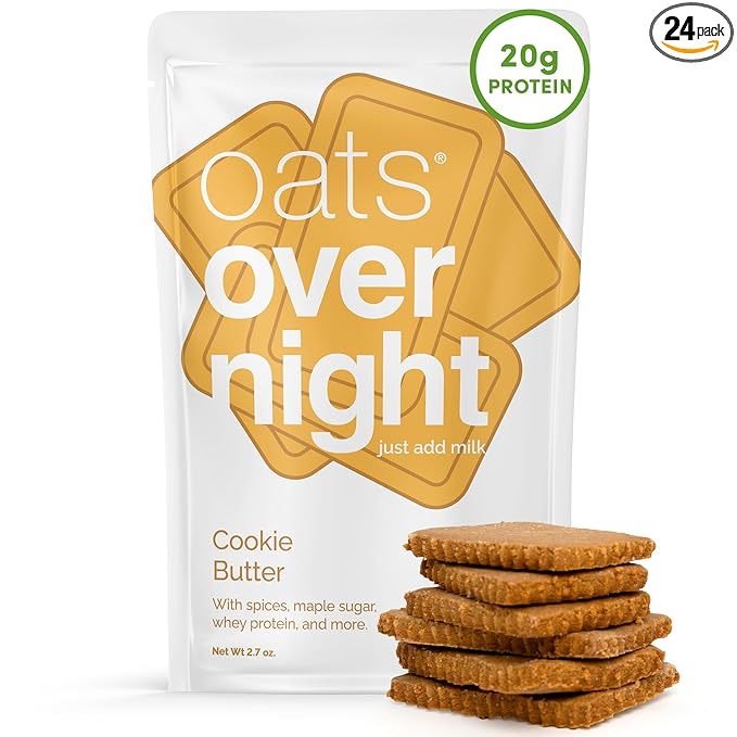 Oats Overnight Cookie Butter - Overnight Oats with 20g Whey Protein High Fiber Breakfast Protein Shake - Gluten Free Oatmeal Non GMO High Protein Oatmeal (2.7 oz per Meal) (24 Pack)