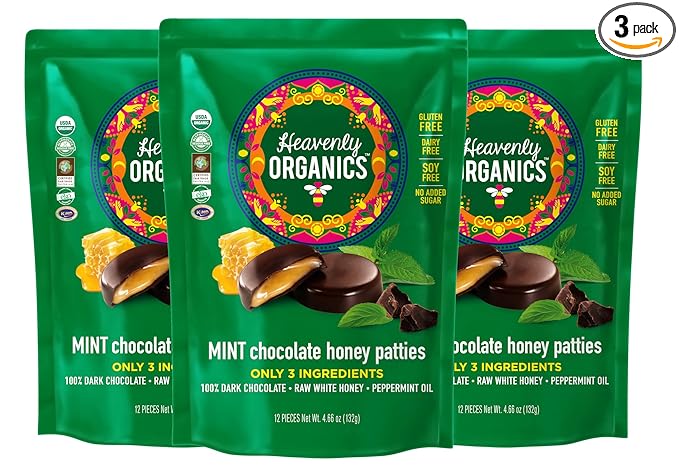 Heavenly Organics Mint Chocolate Honey Patties (3 Bags) Made with 100% Organic Cocoa and 100% Organic Raw White Honey Non-GMO Fair Trade Kosher Dairy &amp Gluten Free No Sugar Added