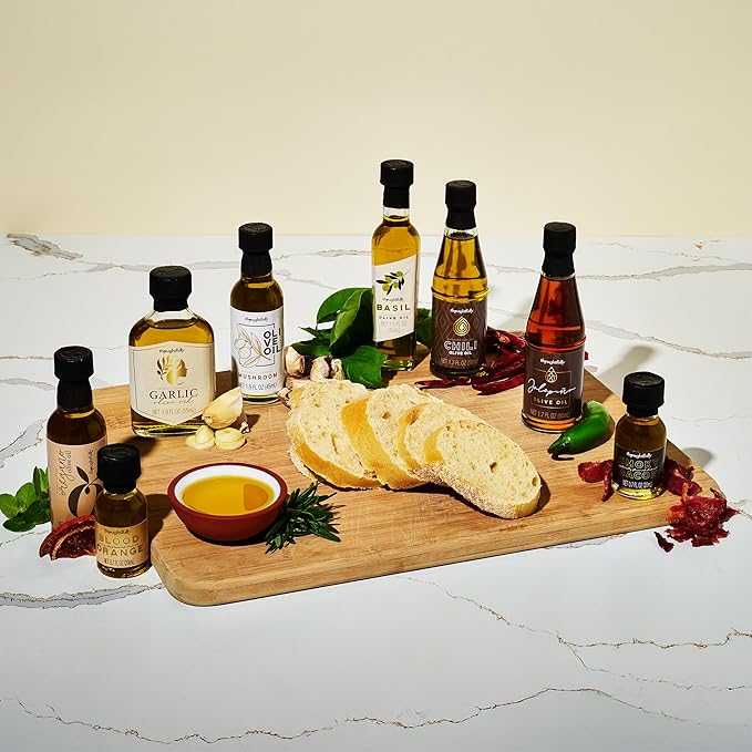 Thoughtfully Gourmet Olive Oil Sampler Gift Set Premium Extra-Virgin Olive Oil from Spain Natural Flavors Include Garlic Chili Smoky Bacon Mushroom Jalapeno and More Set of 8
