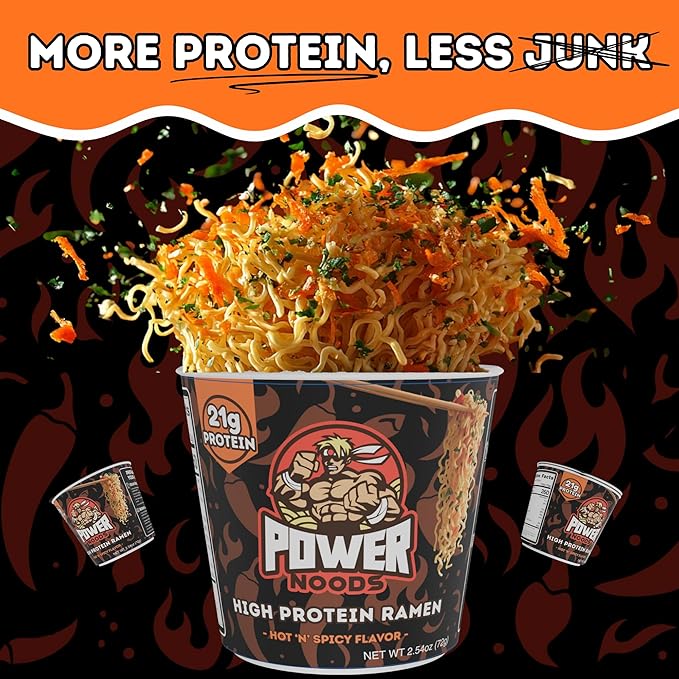Power Noods High Protein Ramen Noodles - 12 or 6 Pack | Protein Ramen Cups for Lunch or Dinner | Better for You Plant-Based Instant Meal | Hot 'N' Spicy