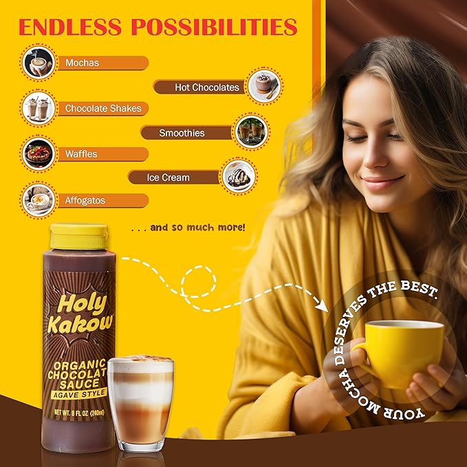 Holy Kakow Organic Chocolate Sauce - Organic Chocolate Syrup Sweetened with Agave Gluten Free Real Food Ingredients Use for Hot or Iced Drinks - 8oz 2-Pack