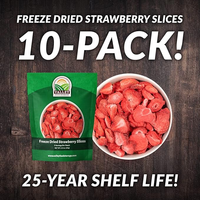 Valley Food Storage Freeze Dried Strawberries | Emergency Food Supply 25 Year Shelf Life | Survival Food Camping Snacks &amp Long Term Prepper Storage | Real Fruit Packaged in USA (10 Bags + Bucke