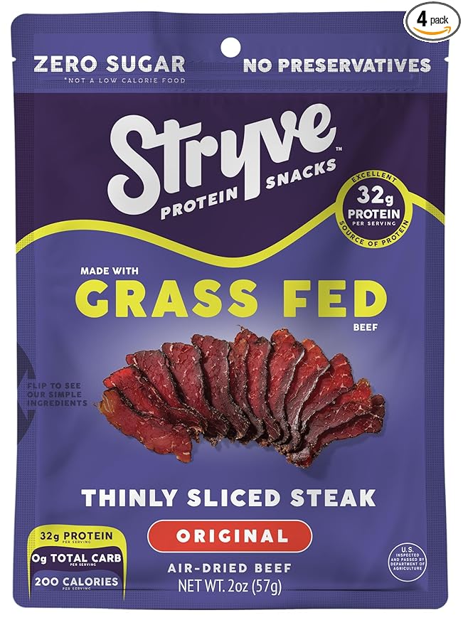 Stryve Protein Snacks - Better Than Jerky Steak - Grassfed Beef Biltong | 32g Protein Sugar Free Zero Carbs Gluten Free Dairy Free Keto &amp Paleo Friendly | Original Pack Of 4