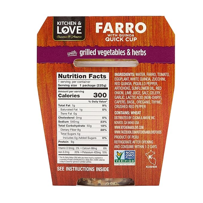 Kitchen &amp Love Cooked Farro Grilled Eggplant Zucchini Artichokes &amp Herbs Ready to Eat Shelf Stable Non Gmo Dairy Free Plant Based Kosher Vegan Vegetarian 7.9 Oz (6-Pack)