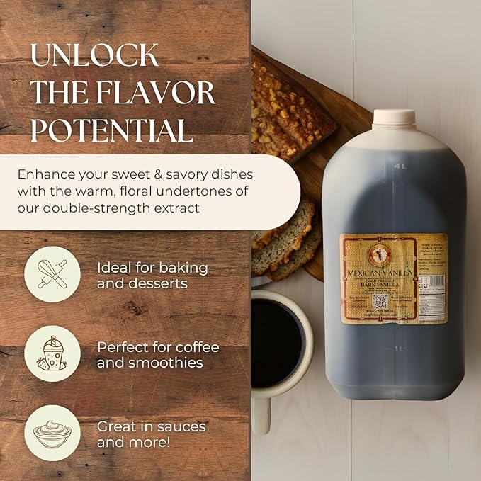Pure Dark Mexican Vanilla Extract Gluten-Free Vanilla for Baking Cakes Cookies Desserts Coffee &amp Beverages (135.25 fl oz) – Natural No Coumarin Bold Flavor