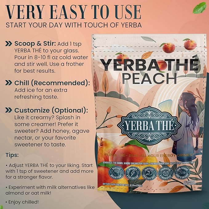 Yerba Mate Powder - Clean Energy &amp Focus - Organic Yerba Mate Tea 350g - Supports Gut Health with Probiotics &amp Prebiotics Brain Fog Relief Focus &amp Relaxation - Peach Flavor 35 Servings