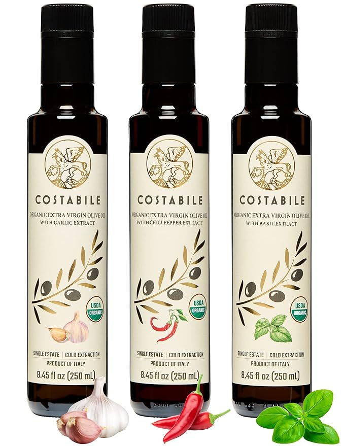 Basil Hot Chili and Garlic infused extra virgin olive oil (3 x 8.45 Fl. Oz.) - Ideal to enhance your dishes with an extra flavor - COSTABILE
