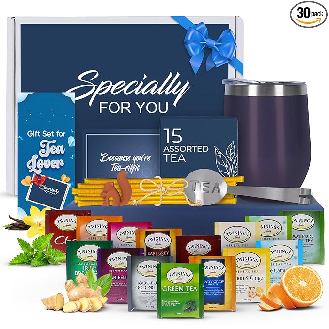 Tea Gifts for Women – Sampler Gift Basket with 15 Unique Blends Honey Sticks Stainless Tumbler &amp Gift-Ready Box (Blue/Blue box)