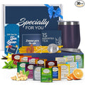 Tea Gifts for Women – Sampler Gift Basket with 15 Unique Blends Honey Sticks Stainless Tumbler &amp Gift-Ready Box (Blue/Blue box)