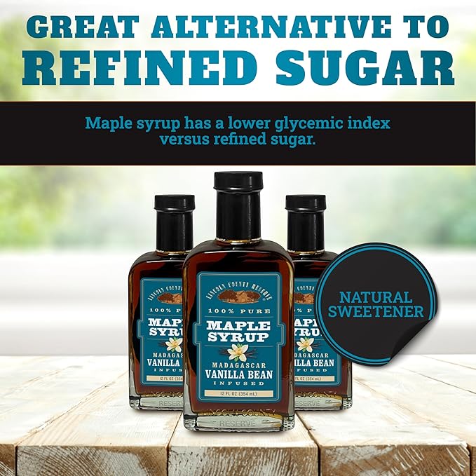 Lincoln County Reserve Vanilla Maple Syrup - Real Madagascar Vanilla Whole Bean Infused - 12 oz Glass Bottle - Perfect Pancake Syrup - Grade A - Gluten Free - Bottled in Wisconsin