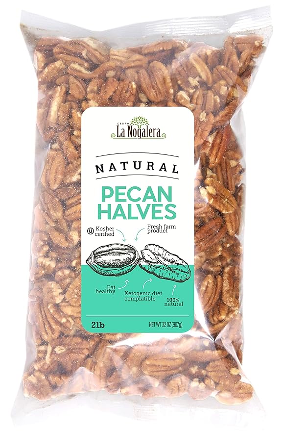 La Nogalera - 2 lbs Natural shelled pecan halves. Raw pecan nuts that compare to organic NO SHELL Non-GMO Kosher and Halal Certified and Ketogenic friendly