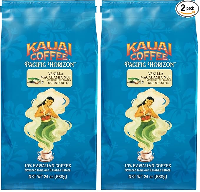 Kauai Coffee Ground Coffee – SmoothRichMedium Roast – Slightly Sweet Nutty Flavor-– Arabica-Coffee10% Hawaiian with No Bitterness-– Vanilla Macadamia Nut of 24oz(Pack of 2)