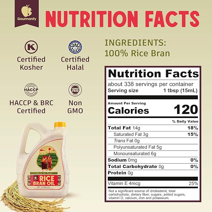 Gourmanity Rice Bran Oil Bulk 1.32 Gallon Easy Pour Bottle Heart Healthy Oil Made From 100% Pure Rice Bran Perfect for Cooking Frying &amp Skincare Non GMO Halal Kosher (169 fl oz/1.32 gal)