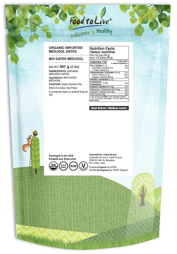 Food to Live - Organic Medjool Dates 2 Pounds Non-GMO Whole Dried Dated with Pits Large Size Unsweetened Unsulphured Vegan Sirtfood Bulk.