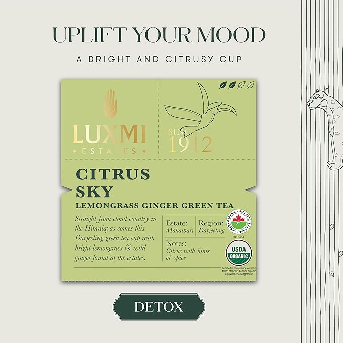 Luxmi Estates Citrus Sky Lemongrass Ginger Green Tea 200g Loose Leaf Pack | Certified Organic Darjeeling Green Tea | Citrus Flavor &amp Aroma | Natural Lemon Balm Tea - Calming Supports Digestion |