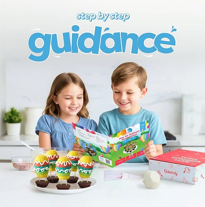Hot Air Balloon Madeleines Kids Baking Kit STEM Learning Activity Pre-Measured Ingredients Silicone Madeleine Mold Colorful Batter &amp Icing Decorating Set Educational Recipe Book for Fun Family Bak