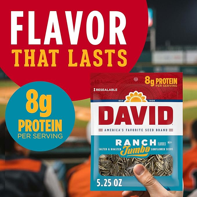 DAVID SEEDS Roasted and Salted Ranch Jumbo Sunflower Seeds Keto Friendly 5.25 oz 12 Pack