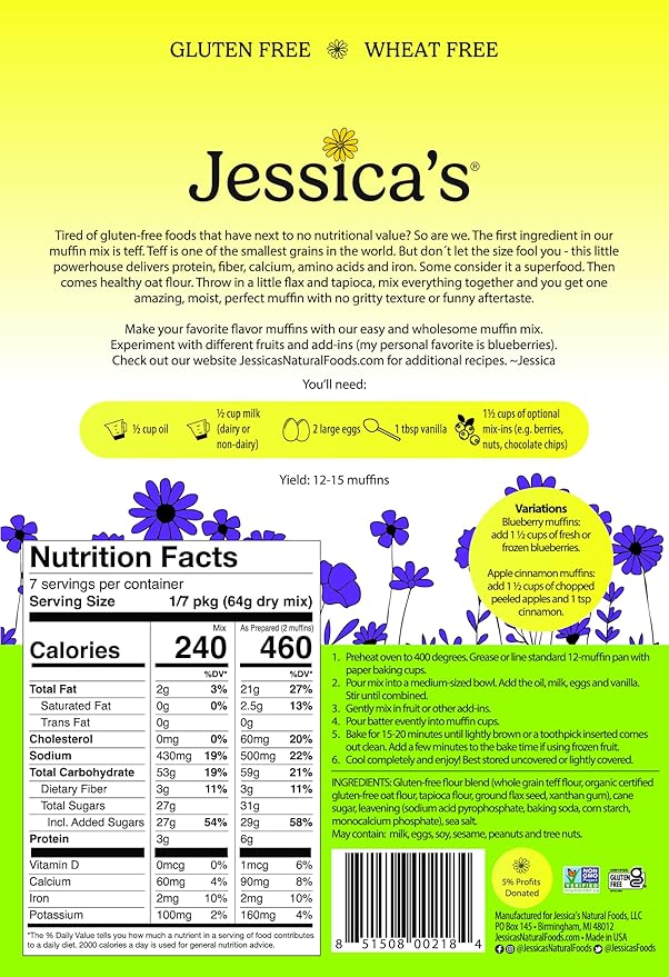 Jessica’s Natural Foods - Gluten-Free Muffin Mix Made with the Ancient-Grain Teff and Wholesome Oat Flour Non-GMO and Gluten Free. 3 Per Pack