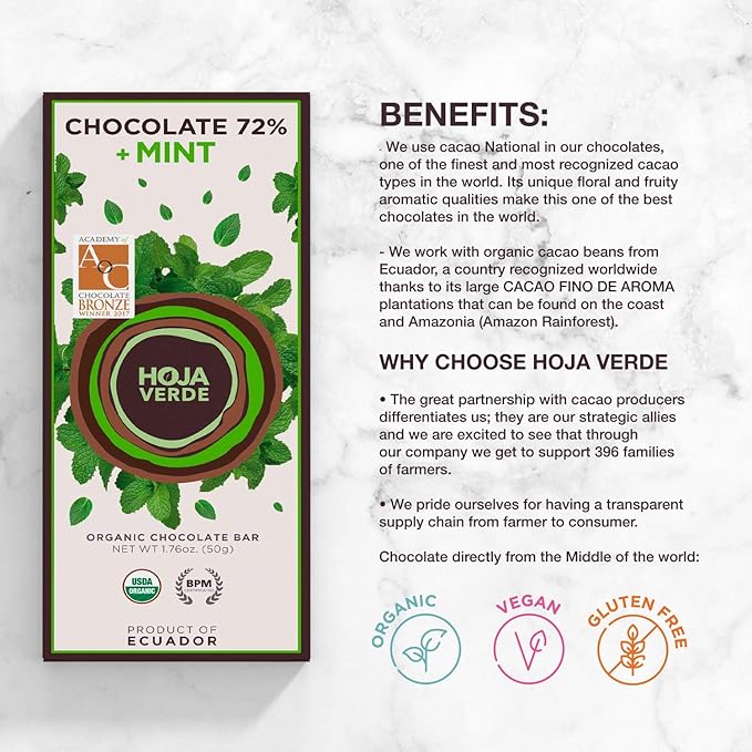 Hoja Verde Organic Dark Chocolate 72% Dark Chocolate and Mint I Vegan Gluten Free Soy Free Non GMO Paleo
