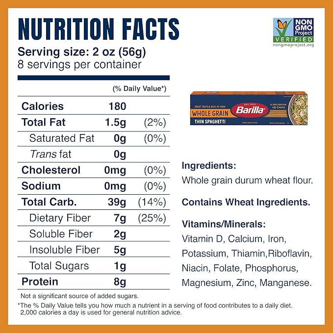 Barilla Whole Grain Thin Spaghetti Pasta 16 oz. Box (Pack of 20) - Non-GMO Made With 100% Whole Grain Durum Wheat - Great Source of Fiber