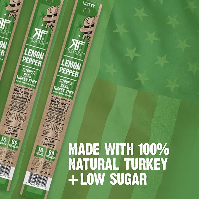 Righteous Felon Meat Sticks | 100% Turkey | 9g Protein per Stick | Keto Gluten-Free Low Sugar High Protein Snack Sticks | Individually Wrapped | Lemon Pepper Turkey Sticks 24 Count